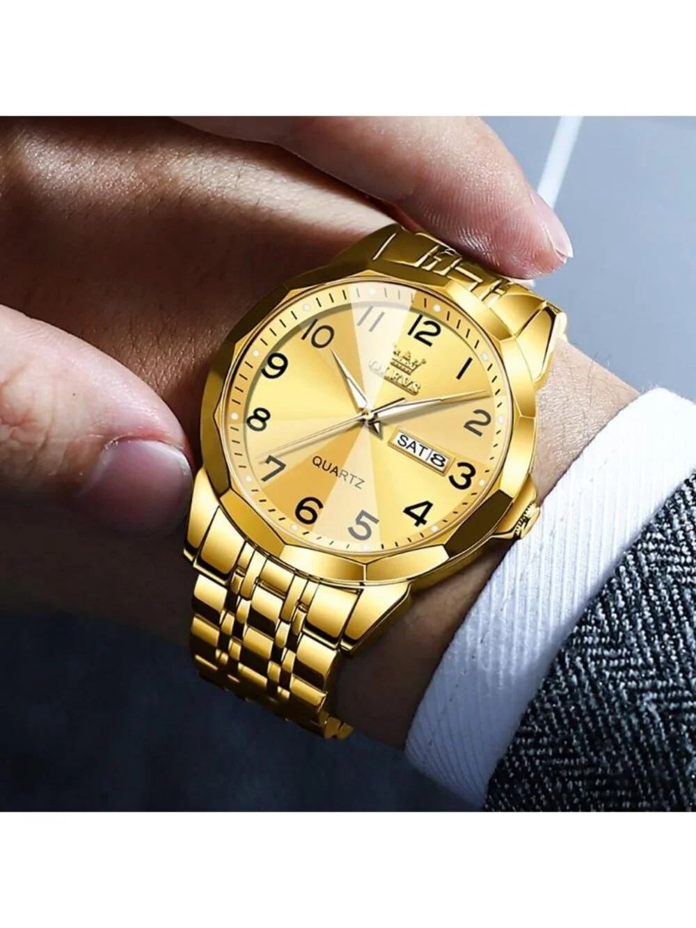 Men's All Gold Analog Simple Business Stainless Steel Waterproof Luminous Watch